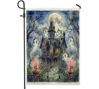 Drapeaux de jardin pour Halloween maison hantée de l'Alaska, chien malamute 30,5 x 45,7 cm, double face pour décoration extérieure, fantôme amusant, drapeau en toile, effrayant et effrayant pour petit