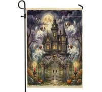 Drapeaux de jardin pour Halloween maison hantée Saint-Bernard 30,5 x 45,7 cm double face pour décoration extérieure, fantôme amusant, drapeau en toile, effrayant et effrayant pour petit jardin pelouse