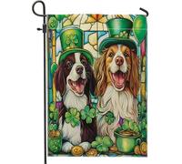 Drapeaux de jardin pour la Saint-Patrick, motif chien de Bretagne, 30,5 x 45,7 cm, double face pour décoration extérieure, vitrail pour chiot, devant cour, trèfle pour animal de compagnie, petit