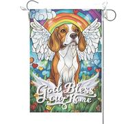 Drapeaux De Jardin Que Dieu Bénisse Notre Foyer Beagle Vitrail Pont Arc-En-Ciel Chien Christianity Home Memorial Bannière Jardins Bannières Extérieure Couleurs Vives Pour 30X45CM