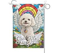 Drapeaux De Jardin Que Dieu Bénisse Notre Foyer Bichon Frisé Vitrail Pont Arc-En-Ciel Chien Christianity Home Memorial Drapeau Fierté Durable Bannière Jardins Résistant Pour 30X45CM