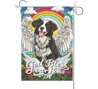 Drapeaux De Jardin Que Dieu Bénisse Notre Foyer Border Collie Vitrail Pont Arc-En-Ciel Chien Christianity Home Memorial Bannières Extérieure Résistant Drapeau Fierté Pour 30X45CM