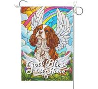 Drapeaux De Jardin Que Dieu Bénisse Notre Foyer. Cavalier King Charles Spaniel Vitrail Pont Arc-En-Ciel Chien Christianity Home Memorial Bannière Jardins Résistant Pour 30X45CM