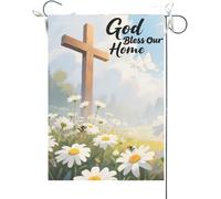 Drapeaux De Jardin Que Dieu Bénisse Notre Foyer. Chrysanthème Blanc. Inspiration Religieuse. Bannière Jardins Imperméabiliser Drapeau Fierté Couleurs Vives Bannières Extérieure Pour 30X45CM