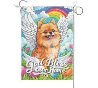 Drapeaux De Jardin Que Dieu Bénisse Notre Foyer Poméranien Vitrail Pont Arc-En-Ciel Chien Christianity Home Memorial Drapeau Fierté Durable Résistant Bannières Extérieure Pour 30X45CM