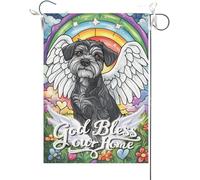Drapeaux De Jardin Que Dieu Bénisse Notre Foyer Schnauzer Vitrail Pont Arc-En-Ciel Chien Christianity Home Memorial Bannière Jardins Couleurs Vives Drapeaus Décoratif Drapeau Fierté Pour 30X45CM