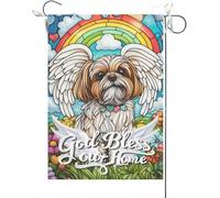Drapeaux De Jardin Que Dieu Bénisse Notre Foyer Shih Tzu Vitrail Pont Arc-En-Ciel Chien Christianity Home Memorial Drapeaus Décoratif Drapeau Fierté Durable Bannière Jardins Pour 30X45CM