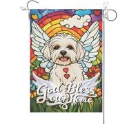 Drapeaux De Jardin Que Dieu Bénisse Notre Foyer. Vitrail Représentant Un Chien Maltais. Pont Arc-En-Ciel. Mémorial Pour La Maison Chrétienne. Bannière Jardins Durable Résistant Pour 30X45CM