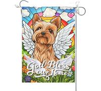 Drapeaux De Jardin Que Dieu Bénisse Notre Foyer Yorkie Vitrail Pont Arc-En-Ciel Chien Christianity Home Memorial Bannières Extérieure Couleurs Vives Drapeau Fierté Pour 30X45CM