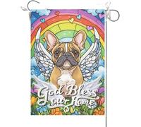 Drapeaux De Jardin Que Dieu Bénisse Notre Maison, Vitrail Représentant Un Bouledogue Français, Pont Arc-En-Ciel, Maison Commémorative Pour Chiens Chrétiens Drapeau Fierté Durable Pour 30X45CM