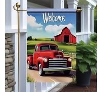 Drapeaux De Jardin Red Farm Truck Vintage Pickup With Barn And Countryside Scenery Coupe-Vent Et Étancheune Treer Drapeau Toutes Les Saisons Drapeau Extérieur Pour Balcon Fête Célébrations M