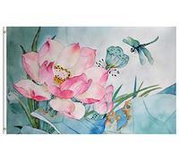 Drapeaux De Jardin Retro Watercolor Painting Of Summer Spring Floral Flowers Lotus And Dragonfly Garden Flag Décorations Treer Drapeau Pour Célébrations Balcon Fête Ferme 90X150 CM