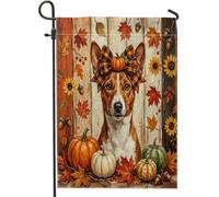Drapeaux de jardin rustiques pour chien Basenji d'automne 30,5 x 45,7 cm pour extérieur, ferme d'automne en bois standard, drapeau vertical en lin, imprimé cool pour cour, cour, pelouse, décoration