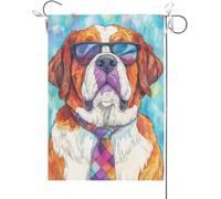 Drapeaux De Jardin Saint-Bernard Amusant, Aquarelle D'Un Chien Portant Des Lunettes De Soleil Et Une Cravate Bannières Extérieure Durable Drapeau Fierté Résistant Drapeaus Décoratif Pour 30X45CM