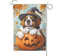 Drapeaux De Jardin Saint-Bernard Penché Sur Une Citrouille Effrayante, Halloween, Automne Drapeau Fierté Durable Bannière Jardins Résistant Drapeaus Décoratif Pour Festivals Défilé 30X45CM