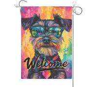 Drapeaux De Jardin Schnauzer Amusant De Bienvenue, Aquarelle D'Un Chien Portant Des Lunettes De Soleil Et Une Cravate Bannière Jardins Durable Bannières Extérieure Résistant Pour 30X45CM