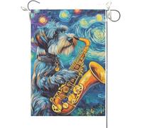 Drapeaux De Jardin Schnauzer Jouant Du Saxophone, Amoureux Des Animaux Bannière Jardins Couleurs Vives Bannières Extérieure Résistant Drapeaus Décoratif Pour Balcon Festivals Défilé 30X45CM
