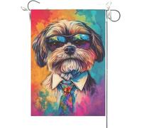 Drapeaux De Jardin Shih Tzu Amusant, Aquarelle D'Un Chien Portant Des Lunettes De Soleil Et Une Cravate Bannière Jardins Couleurs Vives Bannières Extérieure Drapeau Fierté Pour 30X45CM