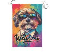 Drapeaux De Jardin Shih Tzu De Bienvenue Amusant, Aquarelle D'Un Chien Portant Des Lunettes De Soleil Et Une Cravate Drapeau Fierté Durable Bannières Extérieure Résistant Pour 30X45CM