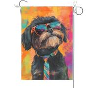 Drapeaux De Jardin Shih Tzu Noir Amusant, Aquarelle, Chien Portant Des Lunettes De Soleil Et Une Cravate Bannière Jardins Durable Drapeaus Décoratif Résistant Drapeau Fierté Pour 30X45CM