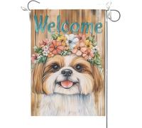 Drapeaux De Jardin Shih Tzu Portant Des Fleurs Sur La Tête Planches En Bois Drapeau Fierté Couleurs Vives Drapeaus Décoratif Imperméabiliser Bannières Extérieure Pour Festivals Défilé 30X45CM