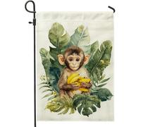 Drapeaux De Jardin Singe Tropical D'Été, Feuilles Vertes Et Banane Drapeau Fierté Résistant Drapeaus Décoratif Imperméabiliser Bannières Extérieure Pour Festivals Défilé Fête 30X45CM