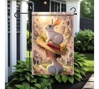 Drapeaux De Jardin Spring Bunny Woman With Straw Hat And Rabbit Résiste Aux Intempéries Drapeau Extérieur Toutes Les Saisons Garden Flag Pour Patio Célébrations S