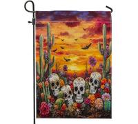Drapeaux de jardin squelette occidental d'Halloween 30,5 x 45,7 cm double face pour décoration extérieure, motif crâne tropical mexicain, drapeau de maison, cactus extérieur, petit drapeau de pelouse