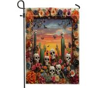 Drapeaux de jardin squelette occidental d'Halloween 30,5 x 45,7 cm double face pour extérieur, motif crâne tropical mexicain du désert en toile standard, drapeau de maison, cactus avant cour, cour