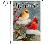Drapeaux De Jardin Tissu En Coton « Bienvenue En Hiver » Avec Motif De Neige Et Cardinal Rouge Et Jaune D'Amérique Du Nord Drapeaus Décoratif Durable Résistant Bannière Jardins Pour 30X45CM
