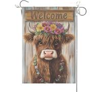 Drapeaux De Jardin Vache Des Highlands Portant Des Fleurs Sur La Tête, Planches En Bois Drapeaus Décoratif Durable Bannière Jardins Couleurs Vives Drapeau Fierté Pour Balcon Défilé 30X45CM