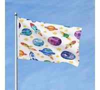 Drapeaux De Jardin Vaisseau Spatial De Dessin Animé, Planète Colorée Pelouse Drapeaux Premium Garden Flag Pour Patio Ferme Balcon Fête 90X150 CM