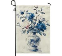 Drapeaux De Jardin Vase Élégant En Magnolia Blanc Et Rosesà Fleurs Bleues 30X45Cm Drapeau De Festival Durable Avec Œillets Décoration Bannière Pour Chambres Toutes Les Saisons Clubs