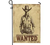 Drapeaux de jardin verticaux en toile de jute de cowboy Wanted - 30,5 x 45,7 cm - Double face pour l'extérieur - Drapeau rétro imprimé Sud-Ouest Home - Drapeau vintage