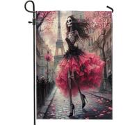 Drapeaux de jardin verticaux en toile de jute pour Halloween, squelette féminin, 30,5 x 45,7 cm, double face pour extérieur, ville romantique tête de mort, petits drapeaux de pelouse, tour Eiffel