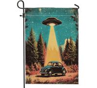 Drapeaux de jardin vintage OVNI 30,5 x 45,7 cm double face pour décoration extérieure, motif vintage amusant des années 70, drapeau de maison, vaisseau spatial extérieur, petit drapeau de pelouse