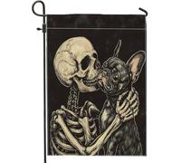 Drapeaux de jardin vintage pour Halloween, bouledogue français, 30,5 x 45,7 cm, double face pour extérieur, tête de mort effrayant, chiot gothique standard, drapeaux d'extérieur en toile standard