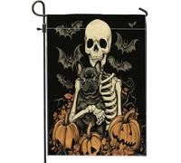 Drapeaux de jardin vintage pour Halloween, bouledogue français, 30,5 x 45,7 cm pour extérieur, tête de mort, chiot gothique effrayant, drapeau vertical standard en lin, squelette avant cour, cour