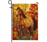 Drapeaux De Jardin Vitrail Représentant Un Cheval D'Automne, Animal Sauvage Drapeau Fierté Durable Bannières Extérieure Résistant Drapeaus Décoratif Pour Festivals Défilé Balcon 30X45CM