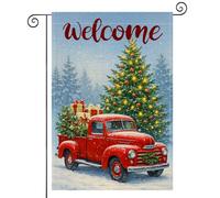 Drapeaux De Jardin Welcome Christmas Tree Red Truck Presents Snow Toutes Les Saisons Drapeau Extérieur Résiste Aux Intempéries Treer Drapeau Pour Célébrations Balcon Fête M