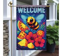 Drapeaux De Jardin Welcome Cute Bee With Tropical Fruit And Hibiscus Flower Coupe-Vent Et Étancheune Bannière Extérieure Décorations Garden Flag Pour Balcon Fête Célébrations S