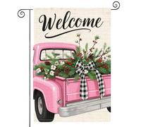 Drapeaux De Jardin Welcome Pink Truck Pinecones Cotton Bow Greenery Red Berries Résiste Aux Intempéries Pelouse Drapeaux Décorations Treer Drapeau Pour Patio Célébrations M