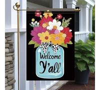 Drapeaux De Jardin Welcome Y’All Colorful Florals Bouquet In Mason Jar Toutes Les Saisons Drapeau Extérieur Résiste Aux Intempéries Pelouse Drapeaux Pour Ferme Jardinage M