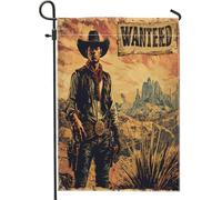 Drapeaux de jardin Western Cowboy Wanted - 30,5 x 45,7 cm - Double face pour décoration extérieure - Rétro - Southwest FrontYard - Drapeau de maison vintage sud-ouest extérieur - Petit drapeau de
