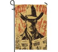 Drapeaux de jardin Western Cowboy Wanted 30,5 x 45,7 cm pour extérieur, drapeaux verticaux rétro en lin standard pour maison, drapeau vintage sud-ouest avant cour, pelouse, décoration extérieure