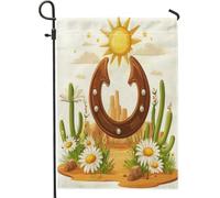 Drapeaux de jardin Western Fun en forme de fer à cheval - 30,5 x 45,7 cm - Double face pour l'extérieur, motif dessin animé sud-ouest standard en toile verticale, marguerite occidentale pour cour