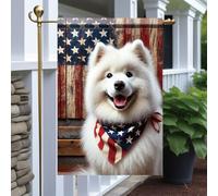Drapeaux De Jardin White Fluffy Dog With American Bandana Independence Day 4Th Of July Décorations Drapeau Extérieur Résiste Aux Intempéries Pelouse Drapeaux Pour Balcon Fête Célébrations S