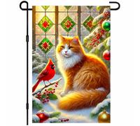 Drapeaux De Jardin Winter Christmas Oranges Cat By Window With Holiday Light Résiste Aux Intempéries Bannière Extérieure Toutes Les Saisons Pelouse Drapeaux Pour Ferme Patio Jardinage S