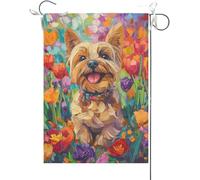 Drapeaux De Jardin Yorkshire Amusant À L'Aquarelle Avec Des Fleurs Et Des Chiots Bannières Extérieure Imperméabiliser Bannière Jardins Couleurs Vives Drapeaus Décoratif Pour Défilé 30X45CM