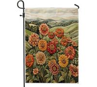 Drapeaux de jardin Zinnia de style brodé, 30,5 x 45,7 cm, double face pour extérieur, drapeau floral vintage en toile de jute standard, drapeaux de pelouse, fleurs esthétiques, arrière-cour, petite